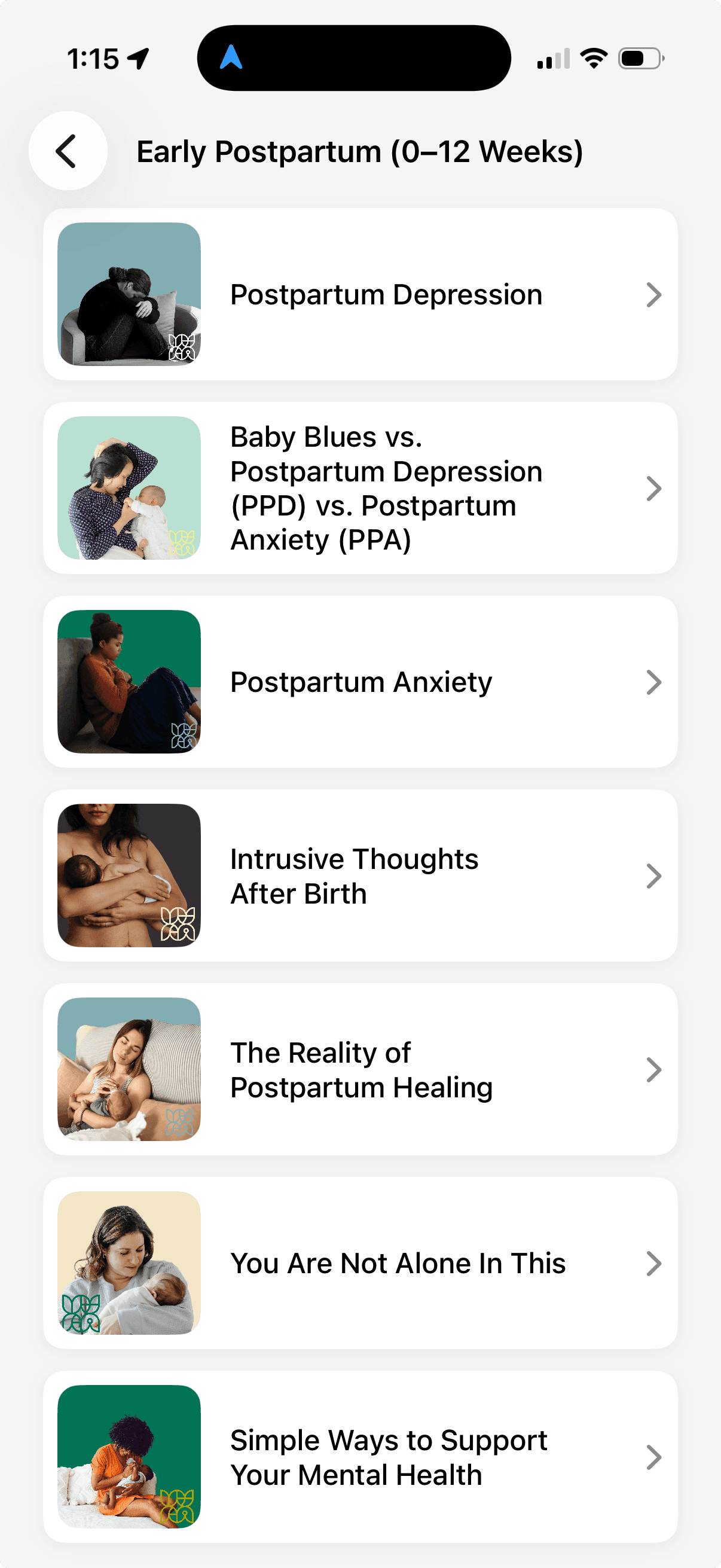 Articles and resources screen