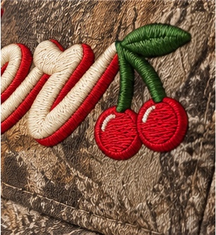 Close-up of the stitched cherries and the end of the Mother script